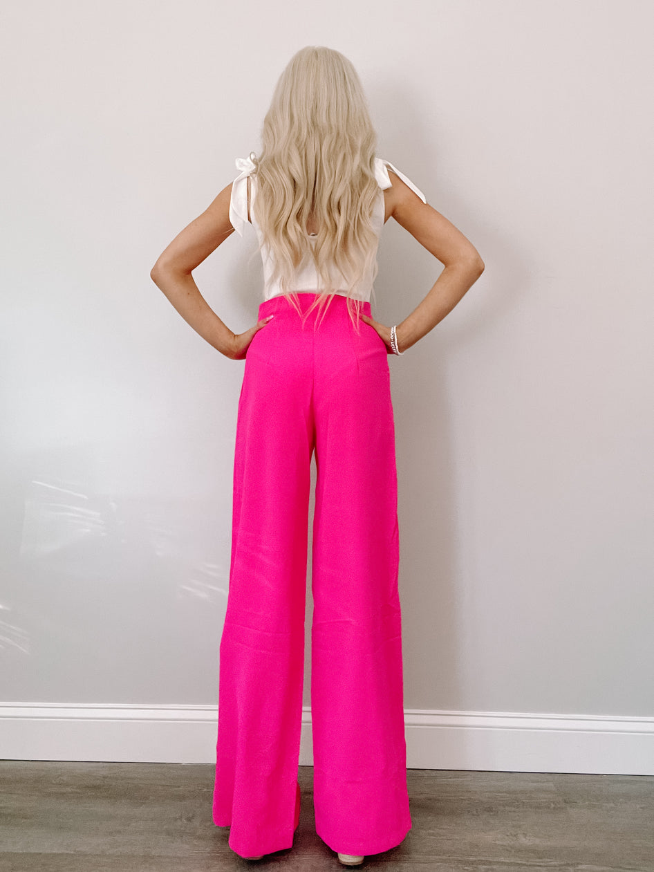 Hot pink wide-leg pants shown from behind against a neutral backdrop.
