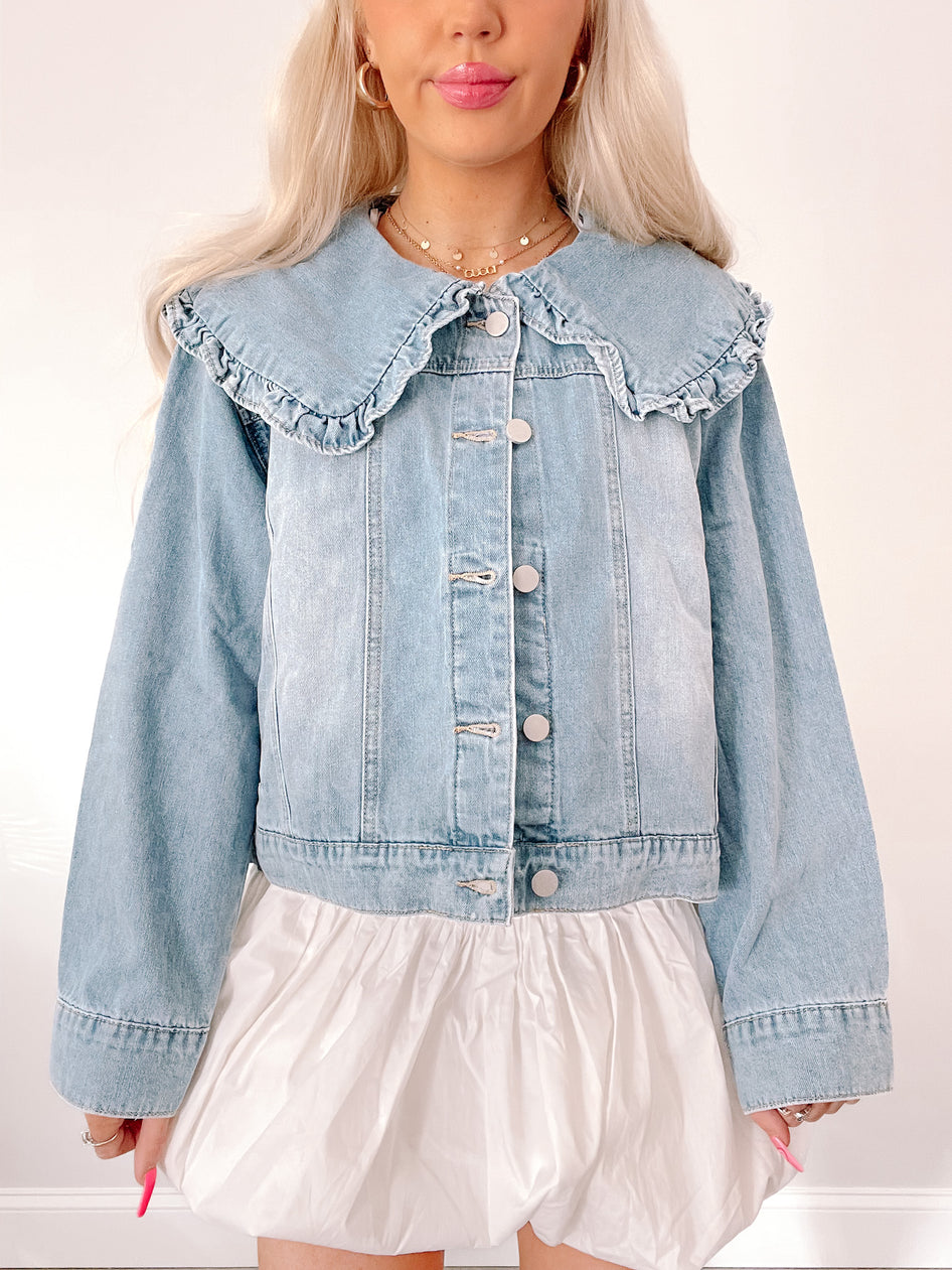Denim Doll Jacket: Light wash denim jacket with ruffled Peter Pan collar.
