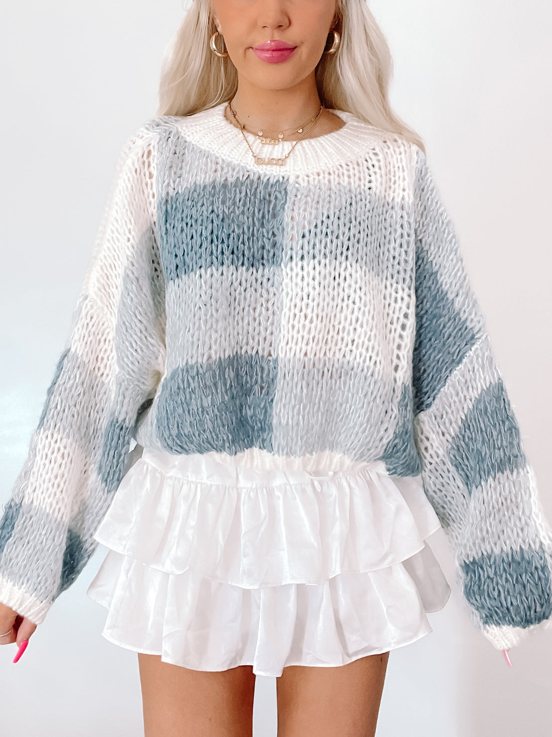 Stormy Days oversized knit sweater in blue and white color block pattern

