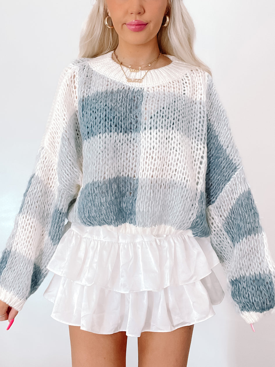 Stormy Days oversized knit sweater in blue and white color block pattern

