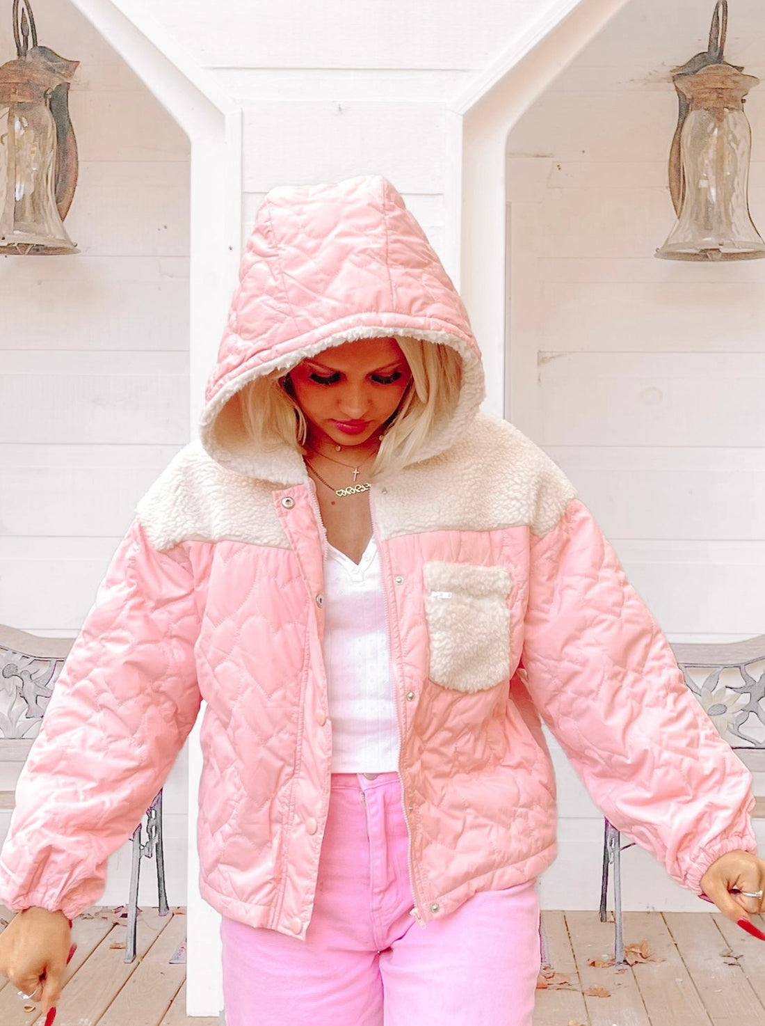 Pink quilted Convos With Cupid jacket with sherpa details and hood

