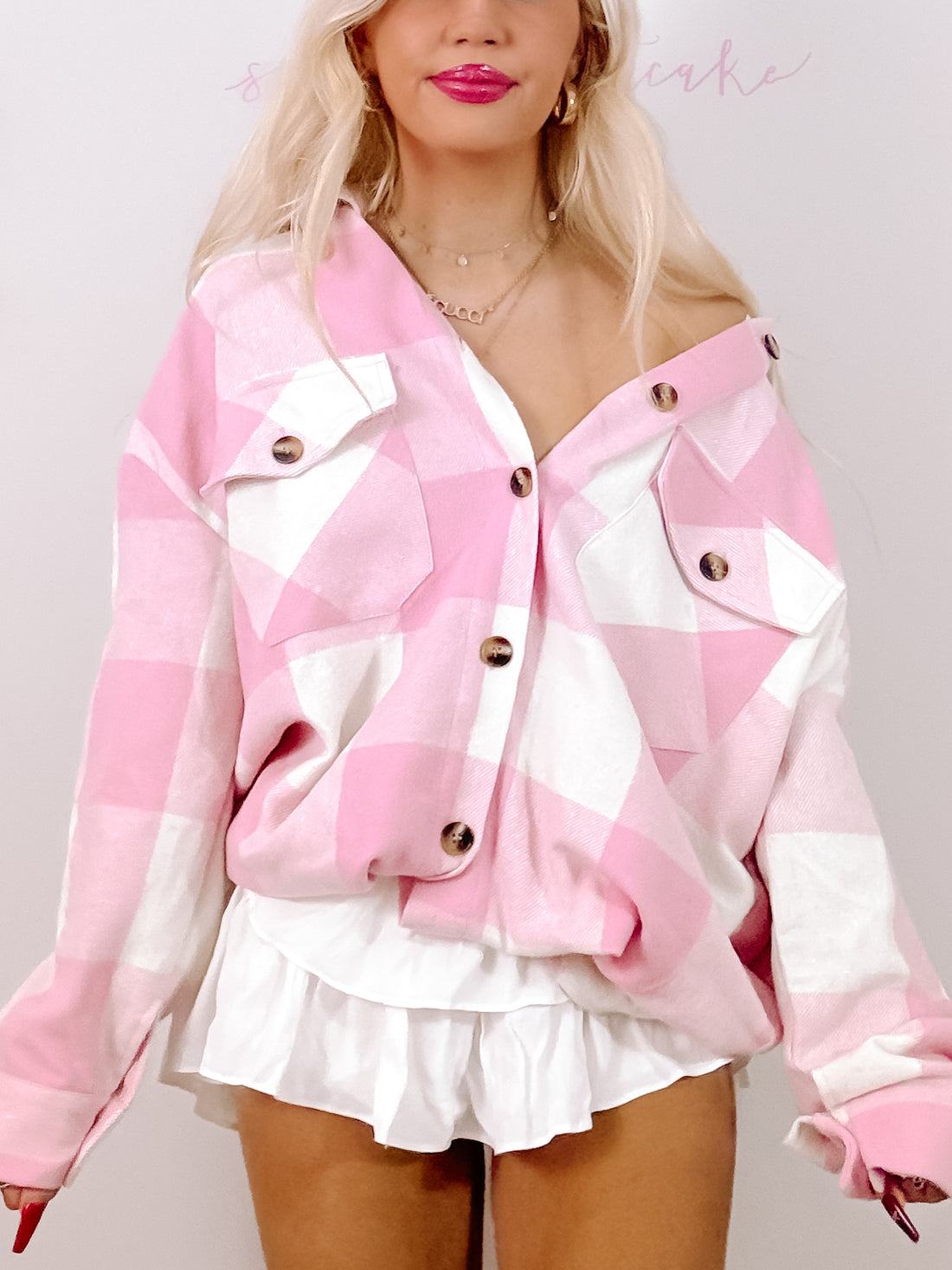 Pink and white buffalo plaid Maggie shacket
