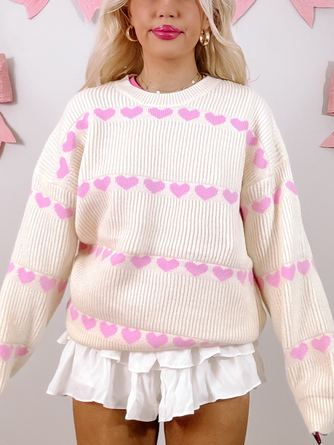 Cream Hearts for You Sweater with pink heart details.
