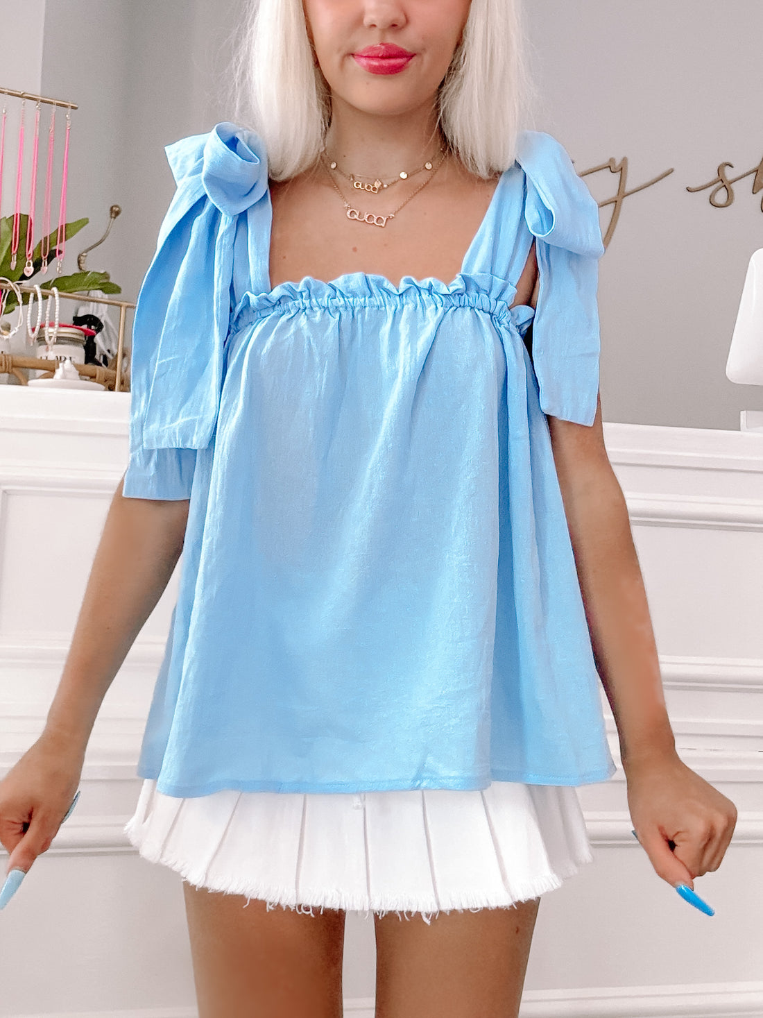 Light blue Tara Ribbon Top with shoulder ties
