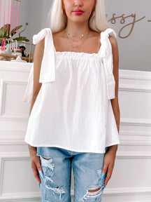 White Tara Ribbon Top with tie straps.
