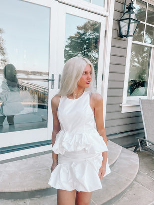 White On Cloud Nine Set: Ruffled crop top & mini skirt.
