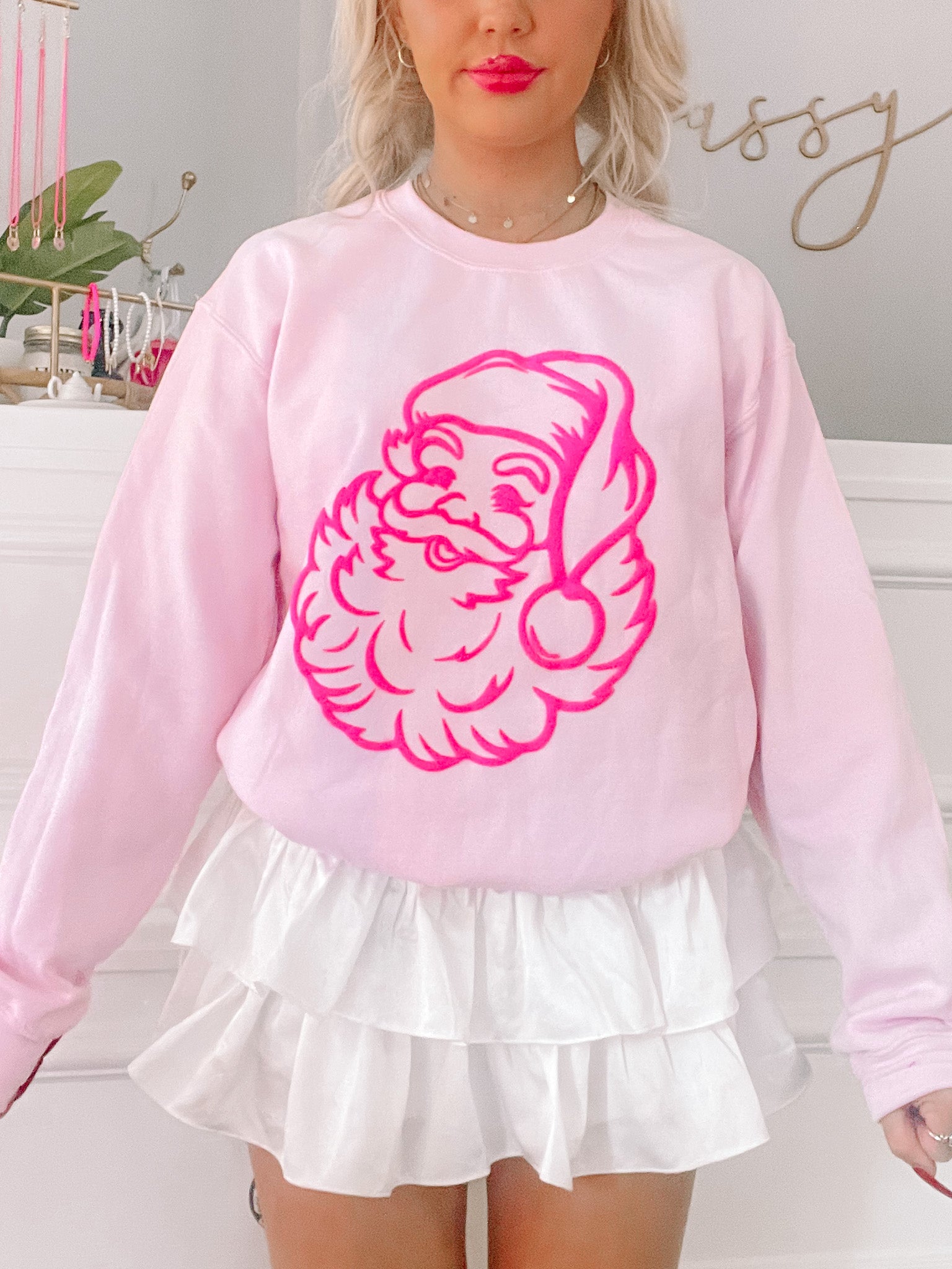 Neon Santa Pink Crewneck sweatshirt; pink crewneck with hot pink Santa graphic.
