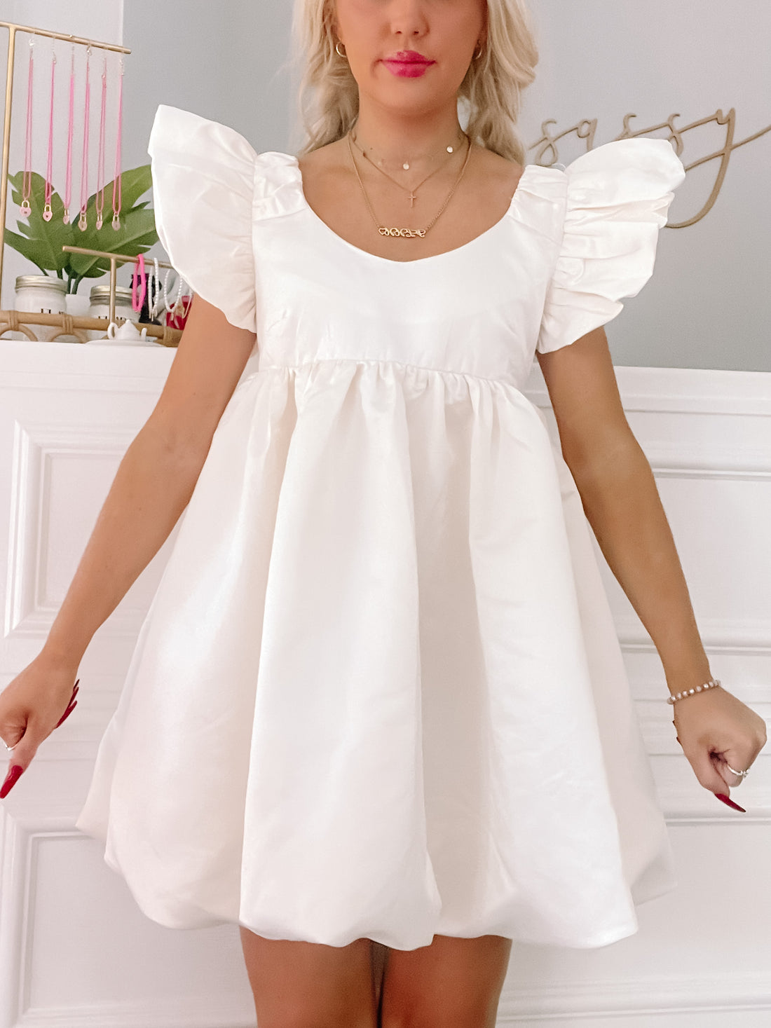Ivory Yield My Way Dress:  Puff sleeve mini dress in luxurious satin.
