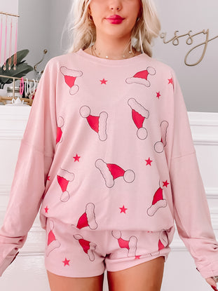 Pink Santa hat Christmas PJs; comfy waffle knit shorts & long sleeve top
