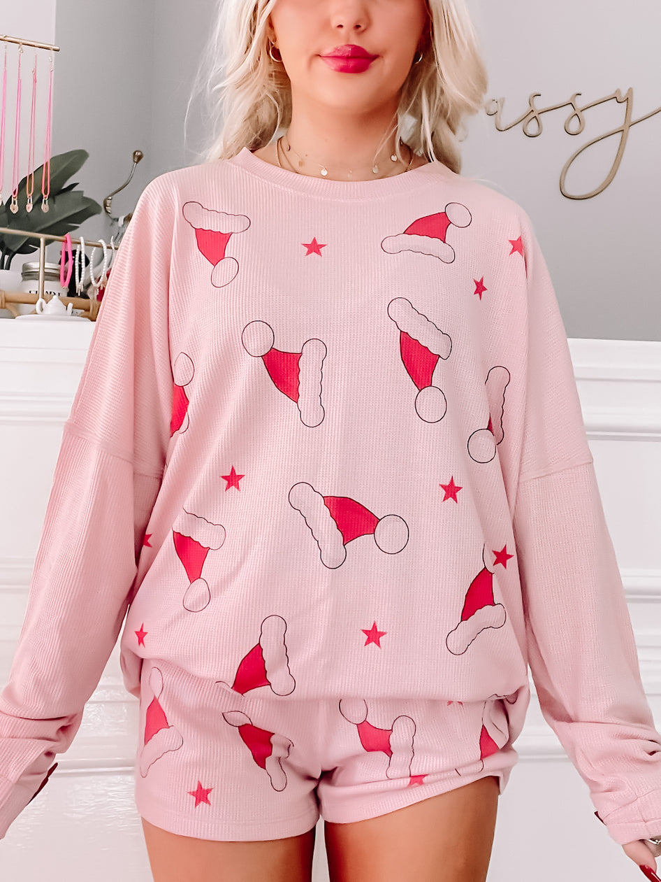Pink Santa hat Christmas PJs; comfy waffle knit shorts & long sleeve top
