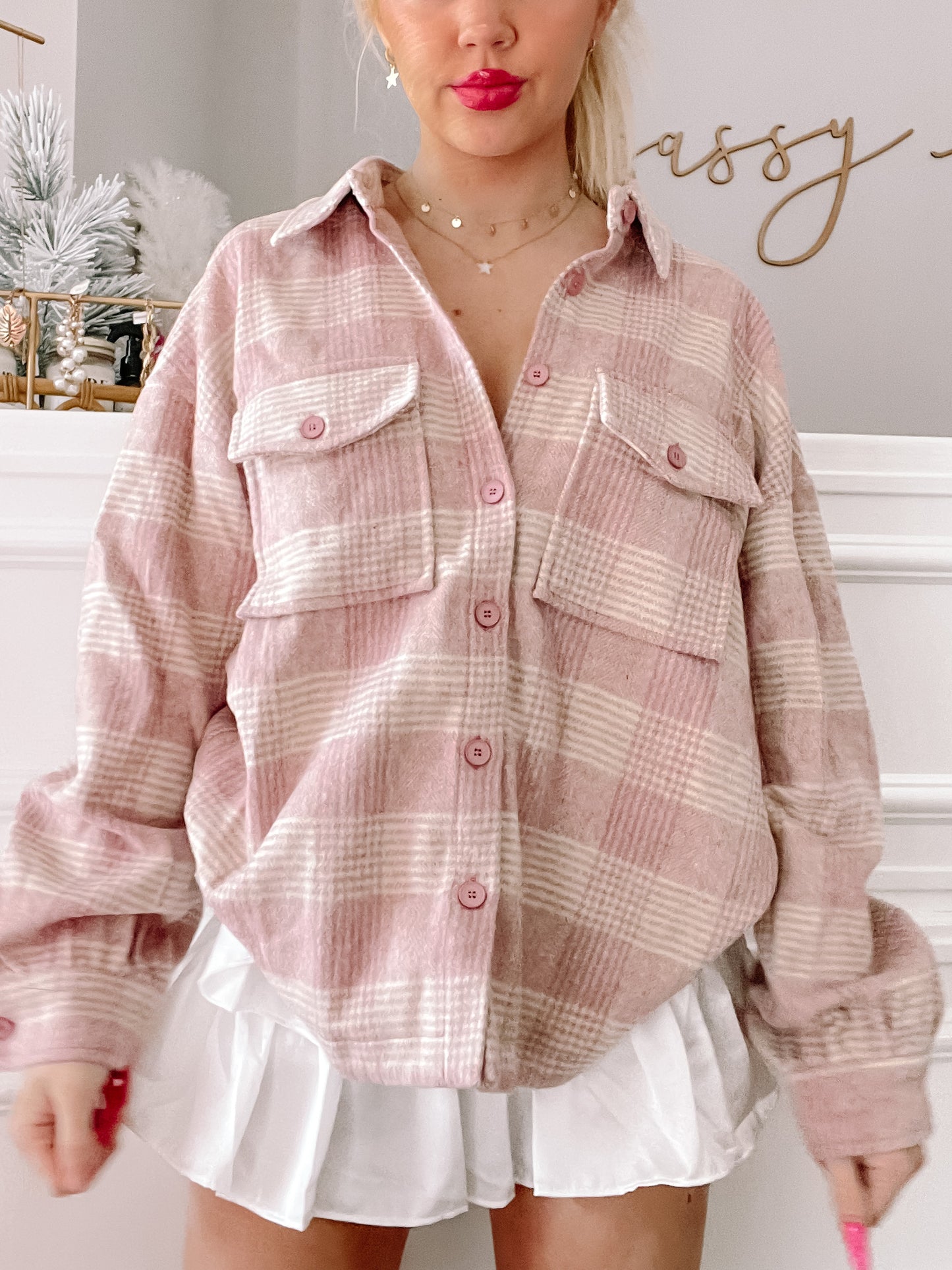 Pink & cream plaid Pumpkin Picking Shacket
