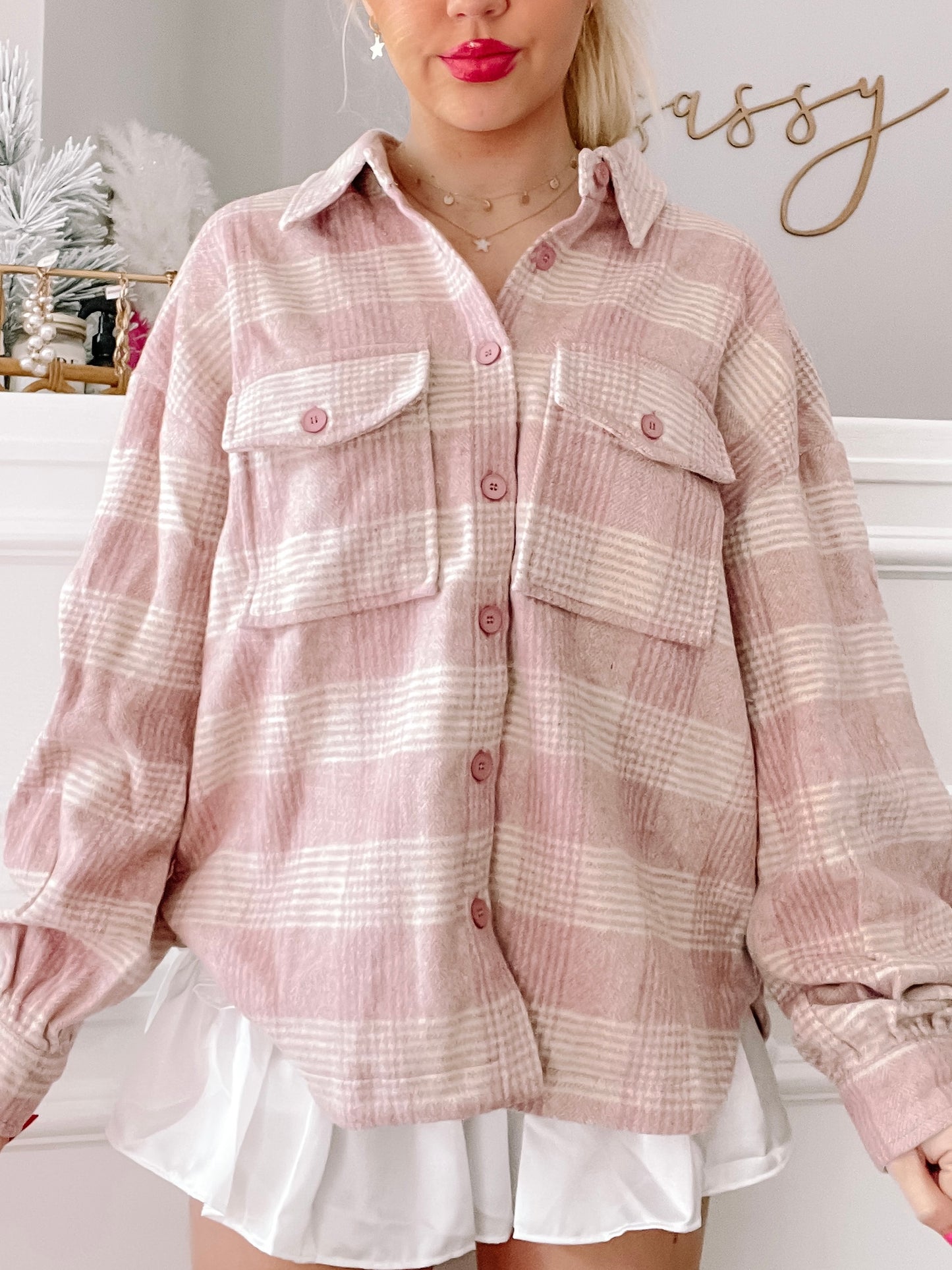 Pink and white plaid shacket, button-front, oversized fit.
