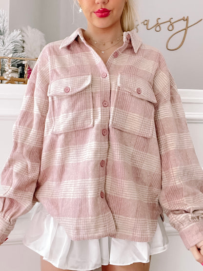 Pink and white plaid shacket, button-front, oversized fit.
