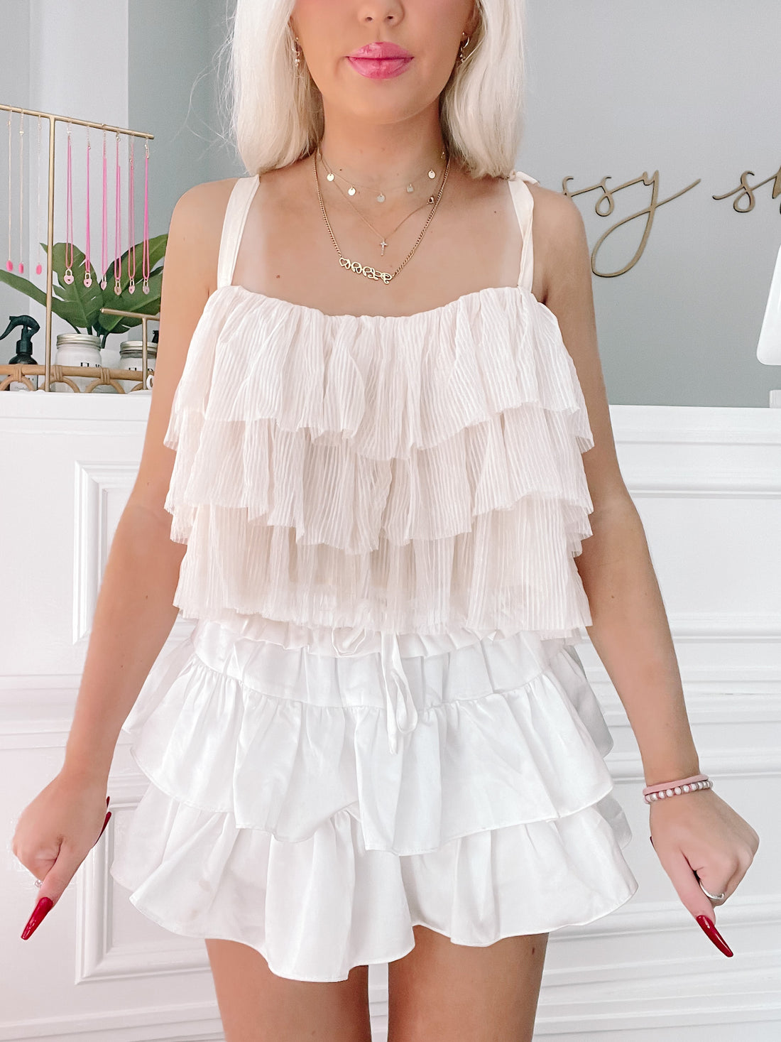 Cream Meet at Midnight tiered ruffle top and skirt set
