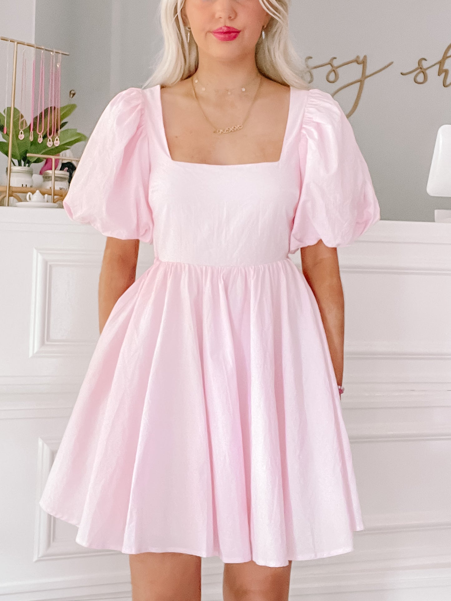 Blush for Brunch pink mini dress with puff sleeves
