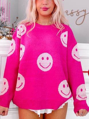 Pink Miles of Smiles smiley face knit sweater
