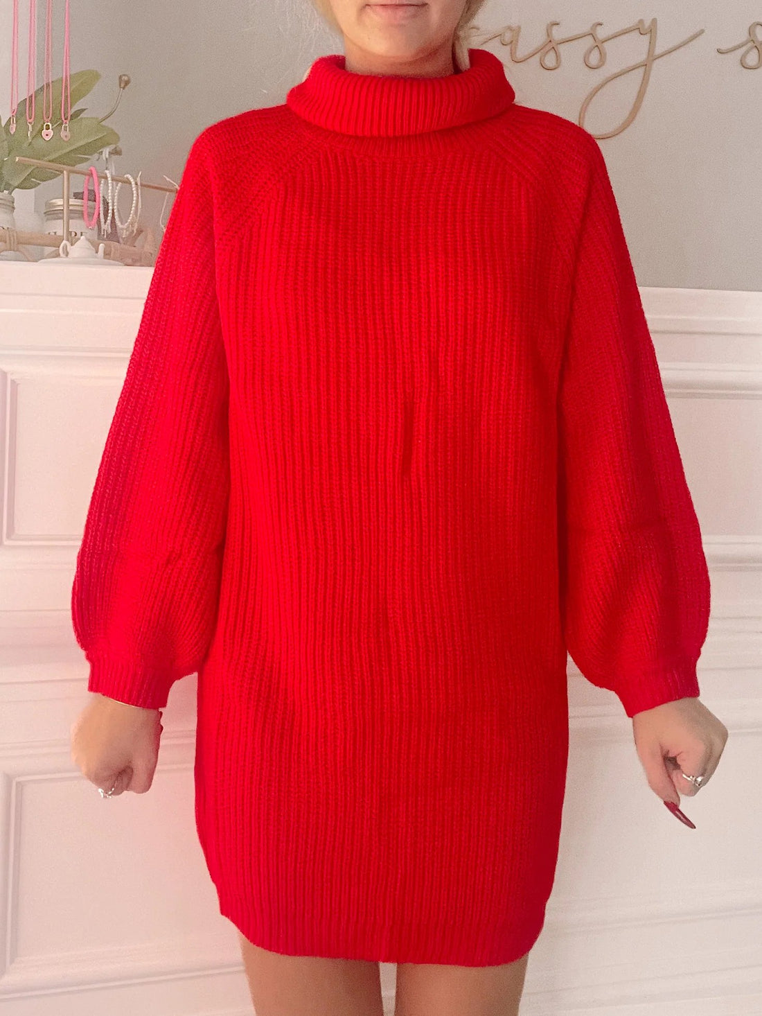 Red Ski Slope ribbed knit turtleneck sweater dress | Sassy Shortcake