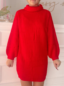 Red Ski Slope ribbed knit turtleneck sweater dress | Sassy Shortcake