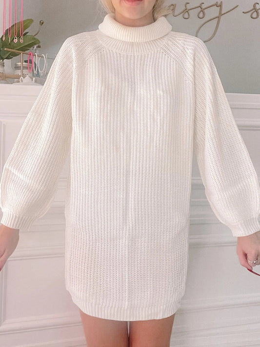 Cream Ski Slope turtleneck sweater dress, ribbed knit, balloon sleeves
