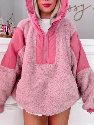 Pink Shiloh Sherpa Pullover with half-zip and contrasting panels.
