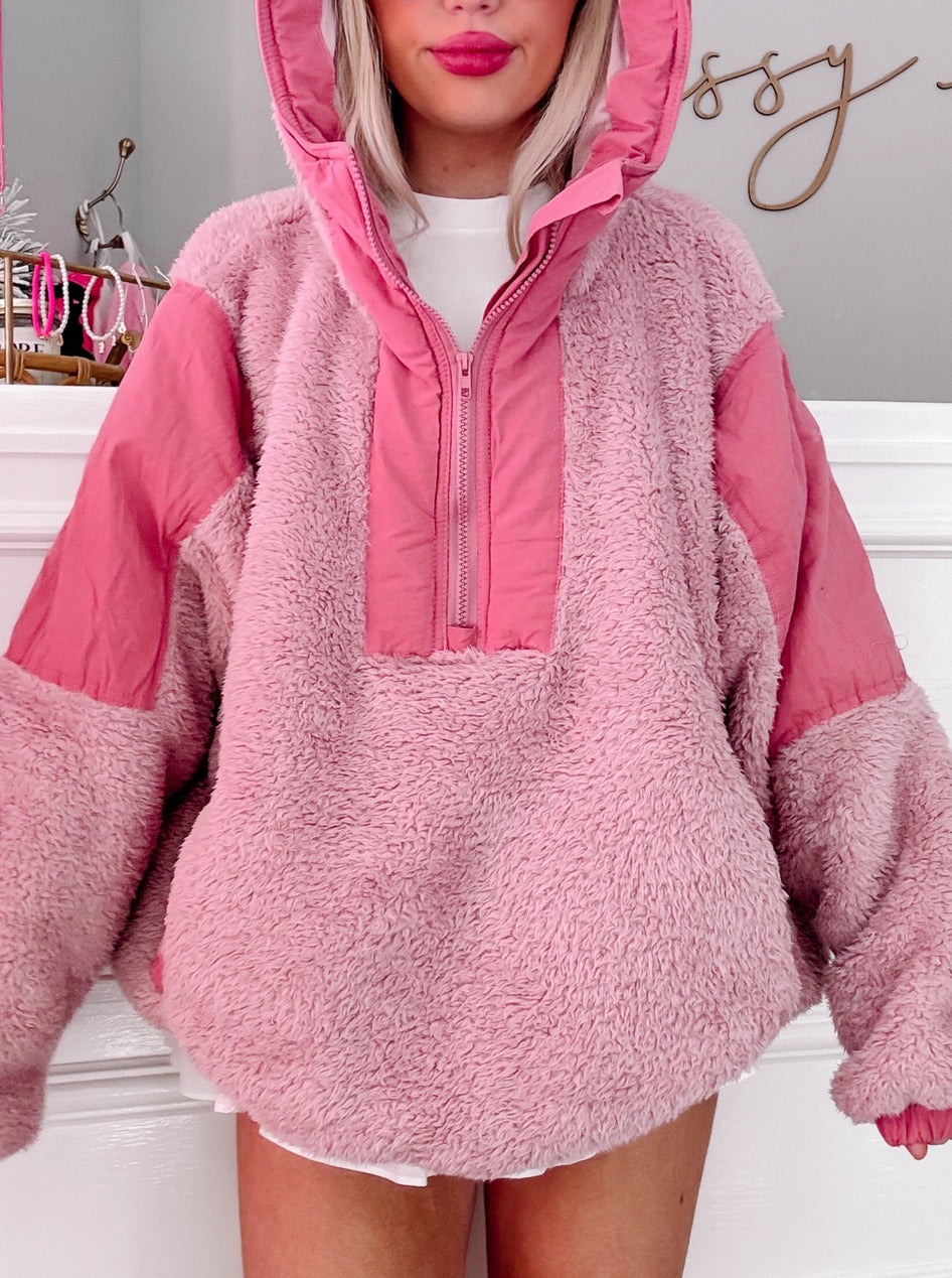 Pink Shiloh Sherpa Pullover with half-zip and contrasting panels.
