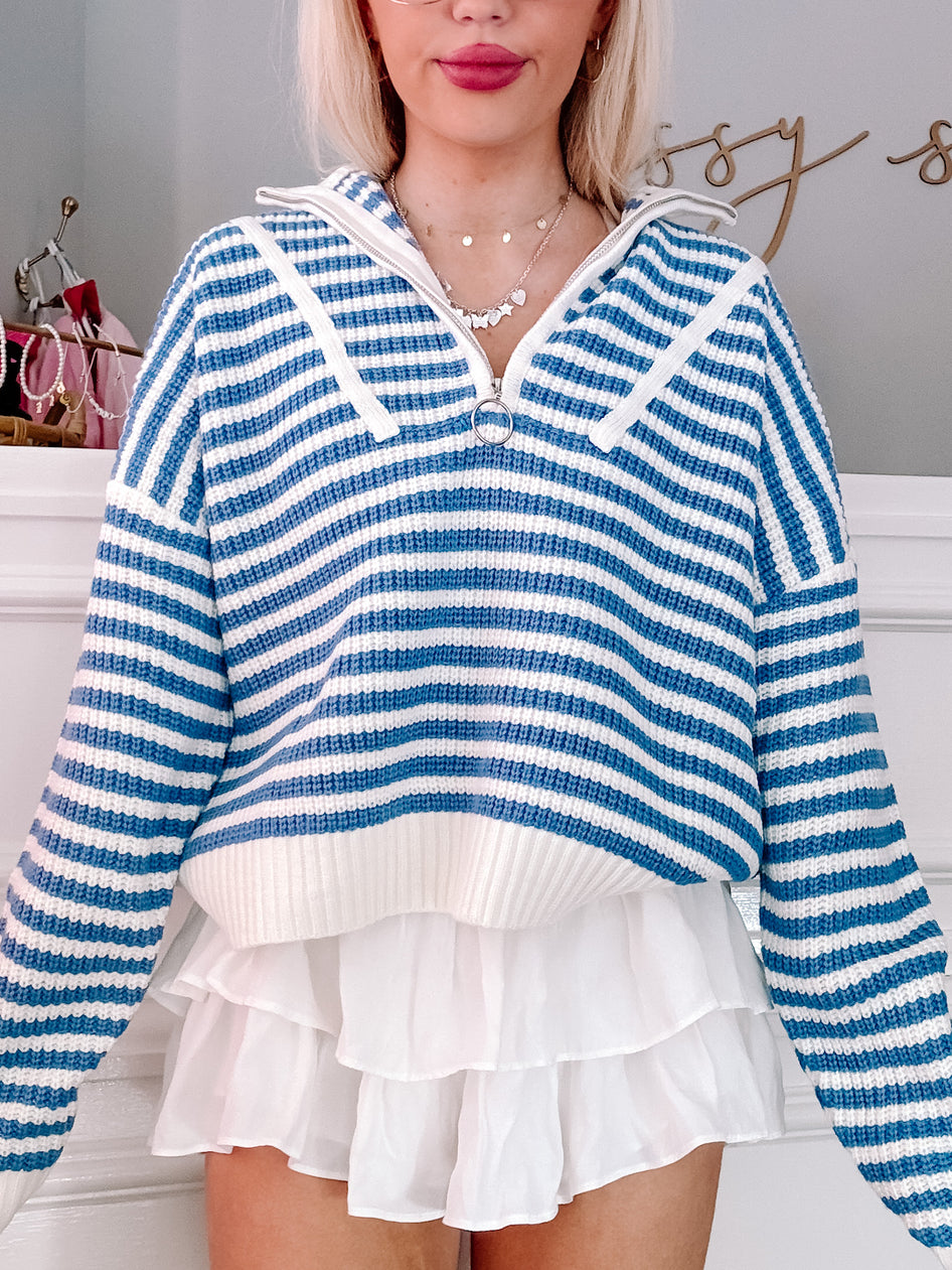 Cozy By The Coast blue and white striped knit pullover
