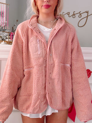 Blush pink Heartbreaker Jacket: Soft, fluffy teddy fleece jacket.
