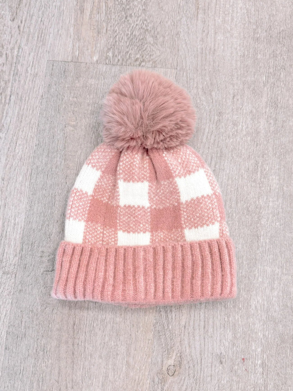 Pink & white buffalo plaid beanie with faux fur pompom
