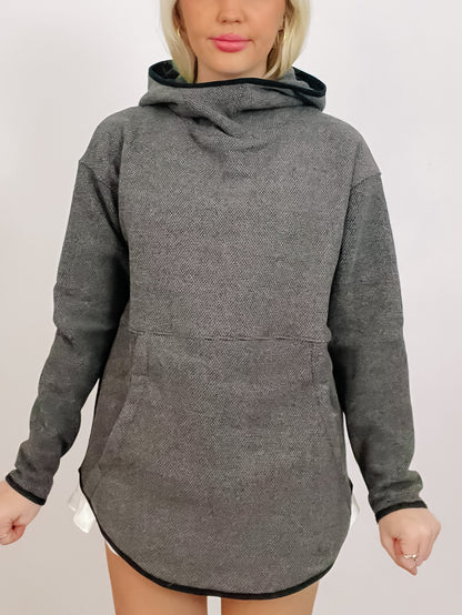 Gray textured long-sleeve hoodie with kangaroo pocket and curved hem.
