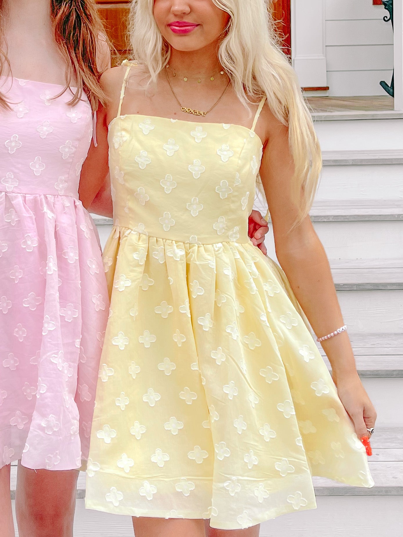 Yellow Spades dress, pale yellow floral skater dress with thin straps.
