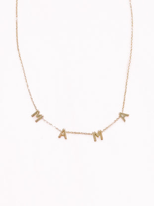 Gold Mama necklace with letter charms.
