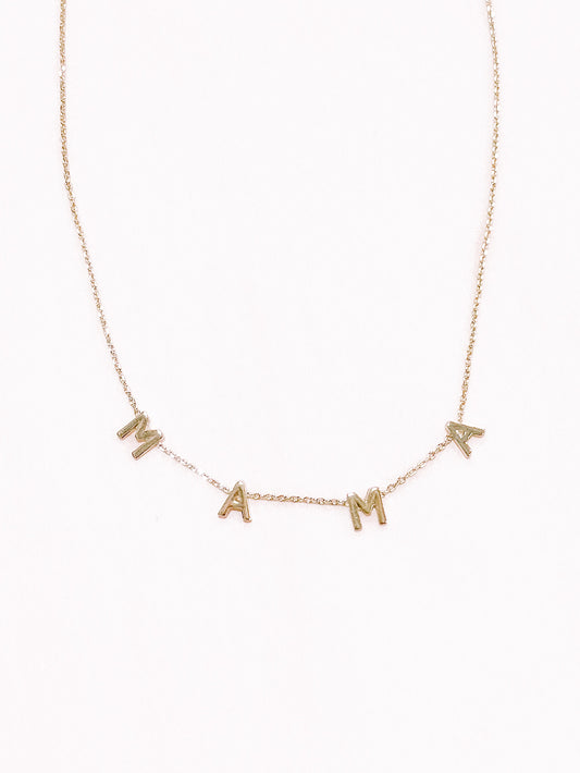 Gold Mama necklace with letter charms.