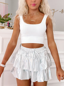 Flirtatious Foil Skirt, holographic silver, tiered ruffle mini skirt
