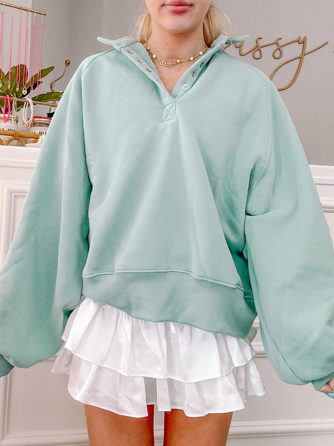 Seasalt Brynn Pullover Top: Mint green, oversized sweatshirt with button placket and balloon sleeves.

