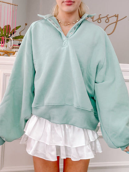 Seasalt Brynn Pullover Top: Mint green oversized sweatshirt with button detail and relaxed fit.
