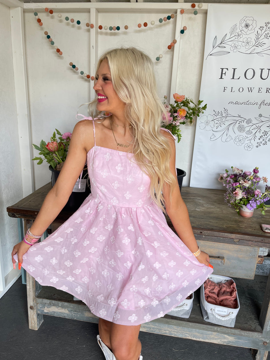 Pink floral mini dress, springtime fashion
