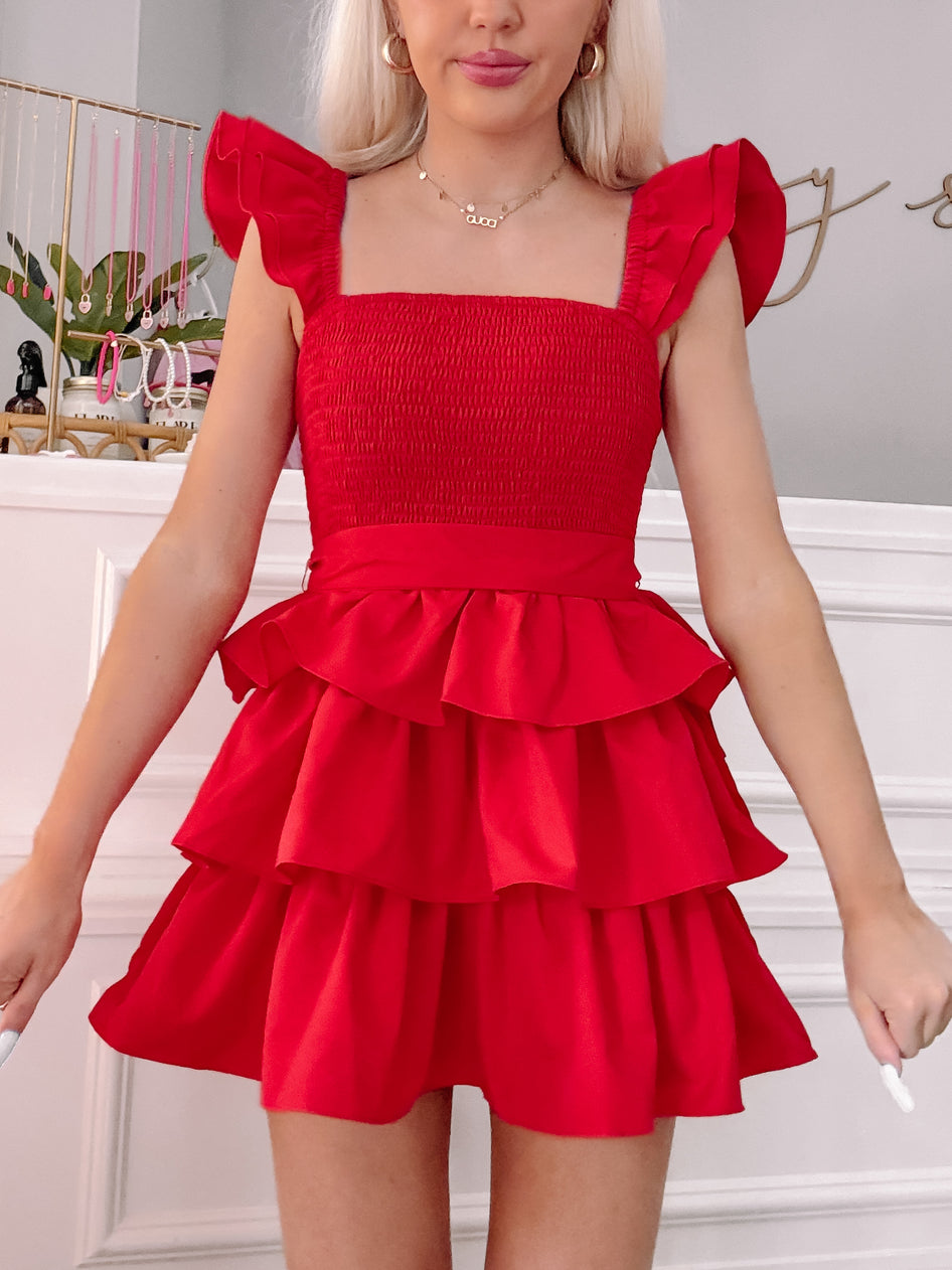 Red Sweet Sorbet tiered mini dress with ruffle sleeves.
