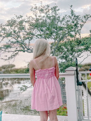 Pink summer dress viewed from behind, overlooking tranquil water.
