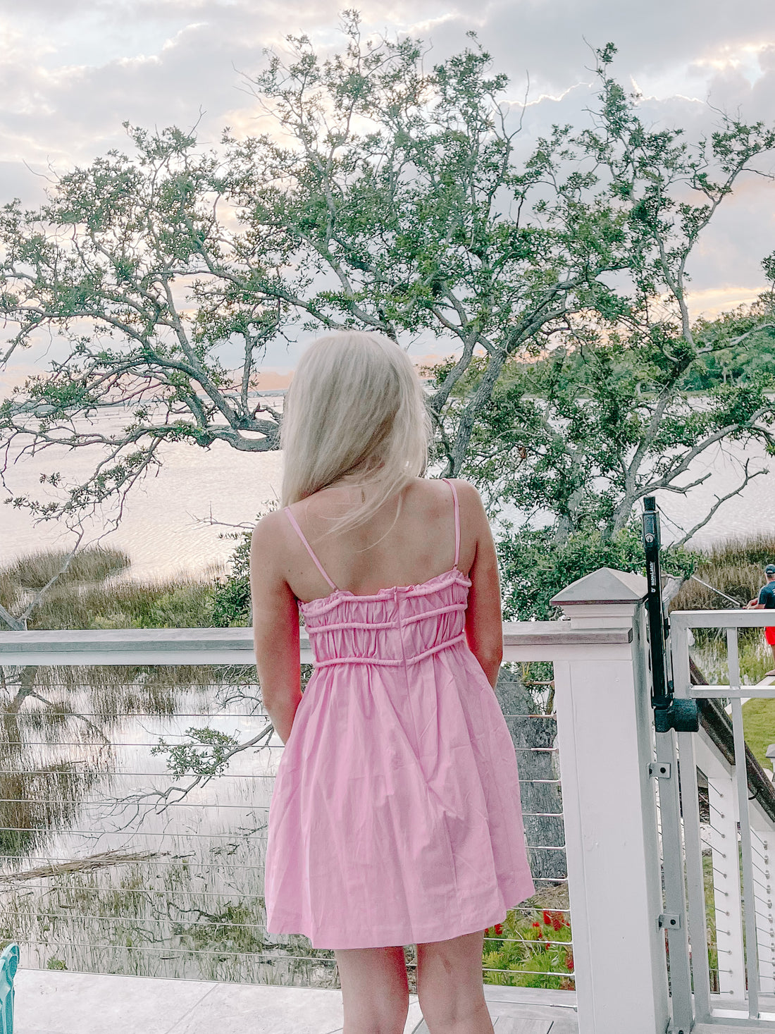 Pink summer dress viewed from behind, overlooking tranquil water.
