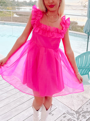 Raquelle pink ruffle dress, sheer organza, flirty fit
