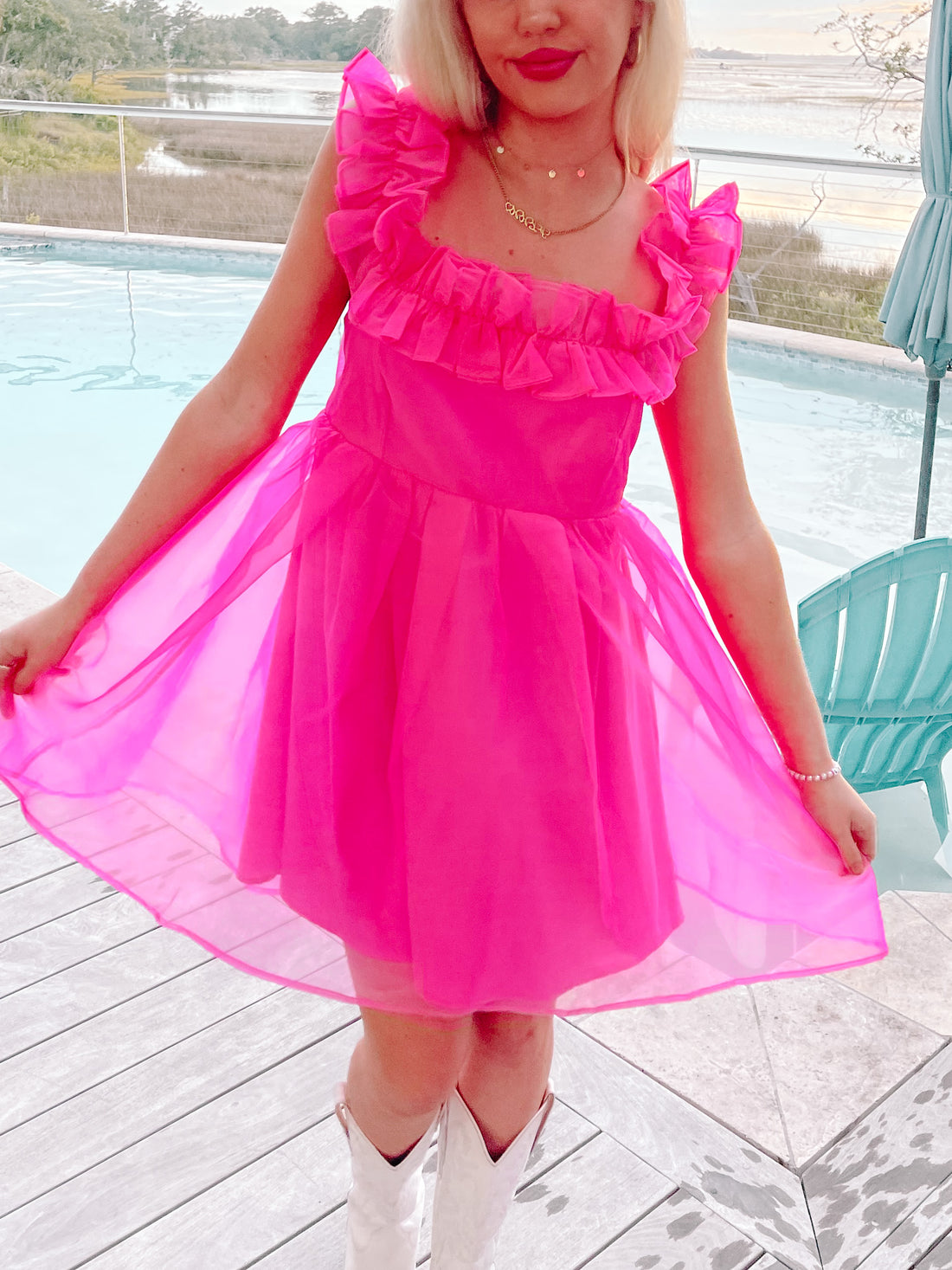 Raquelle pink ruffle dress, sheer organza, flirty fit
