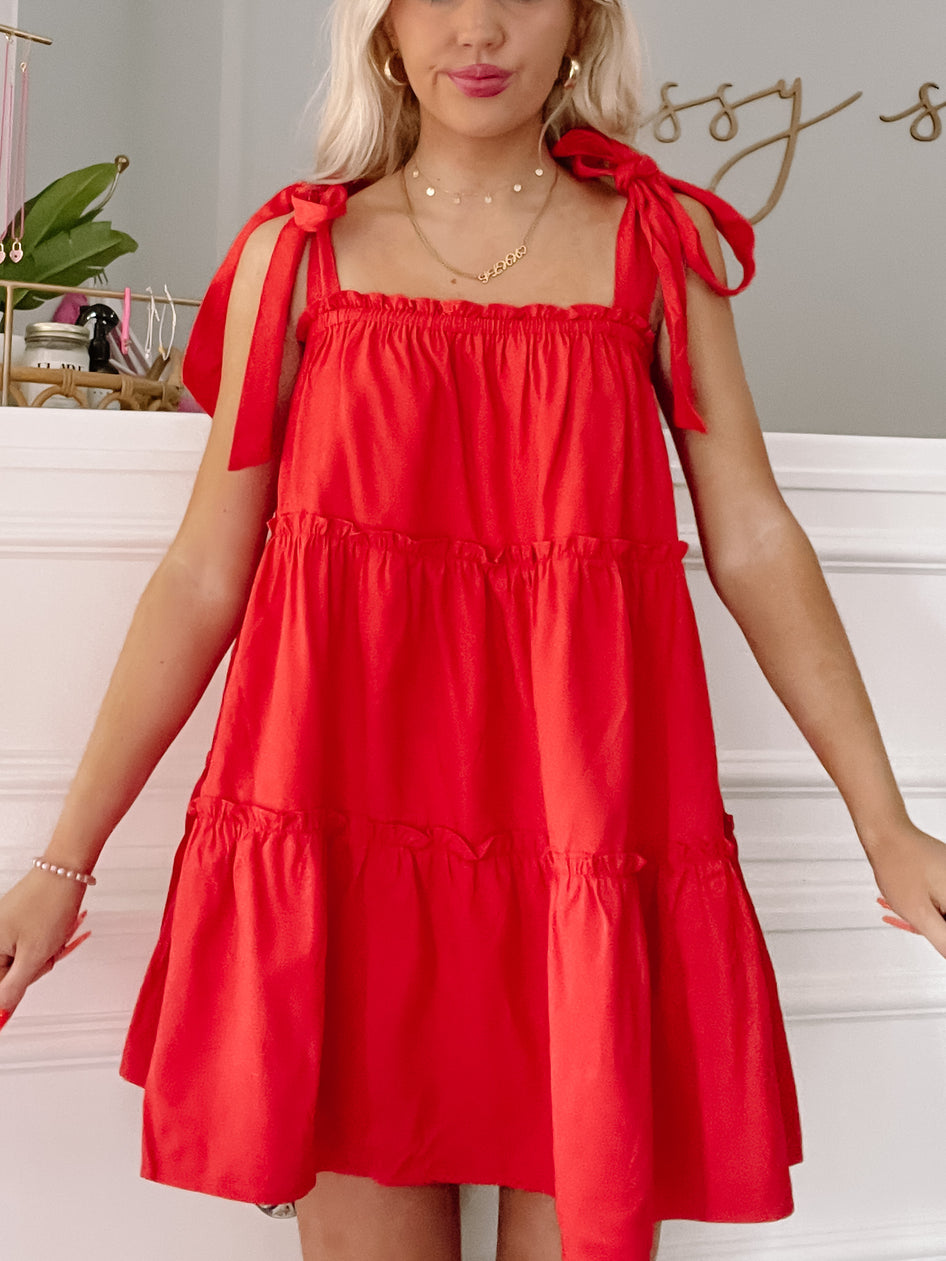 Red Maybelle tiered mini dress with tie straps
