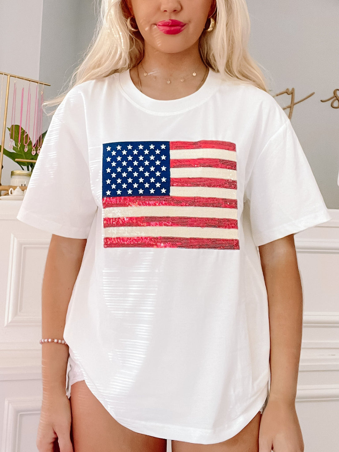 White Born in the USA Tee from Sassy Shortcake with red white and blue sequin American flag