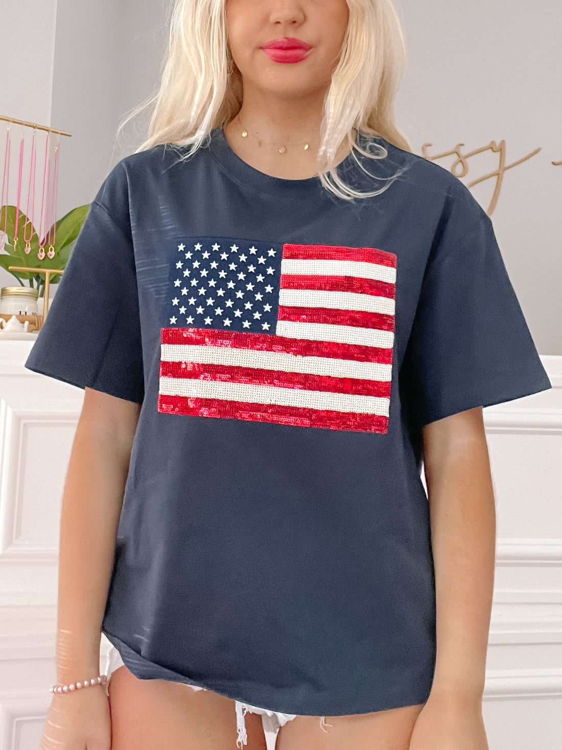 Sassy Shortcake Blue Born in the USA patriotic sequin US flag graphic tee, navy blue, short sleeves
