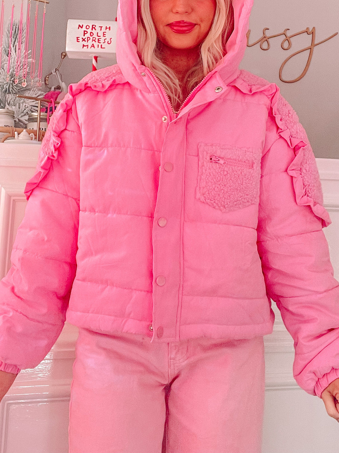 Pink Coldhearted Cutie puffer jacket with ruffle detail & sherpa pocket
