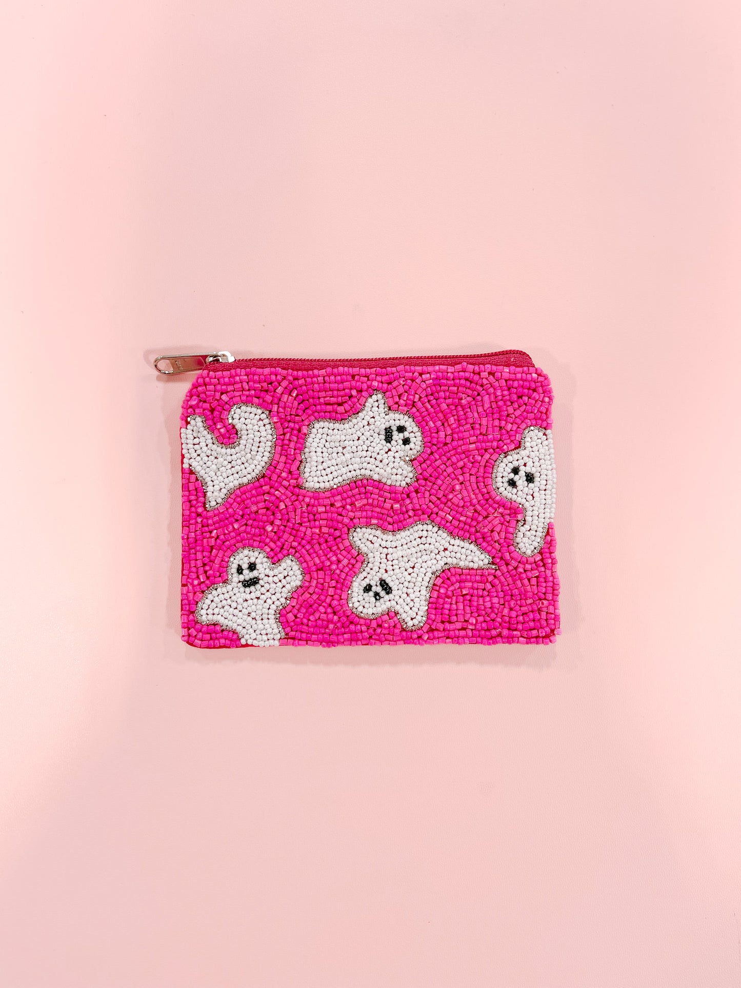 Spooky Pink Pouch: Pink beaded zipper pouch with white ghost design.
