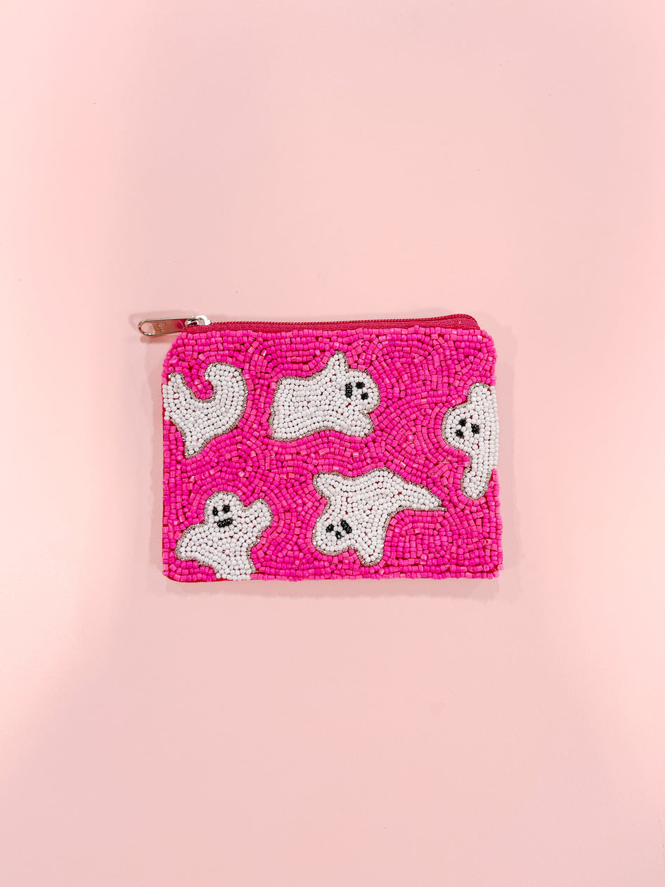 Spooky Pink Pouch: Pink beaded zipper pouch with white ghost design.
