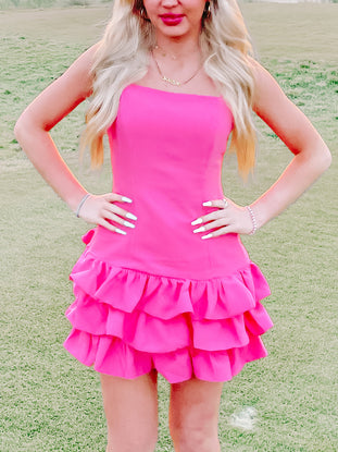 Hot pink Take Me Out ruffle mini dress
