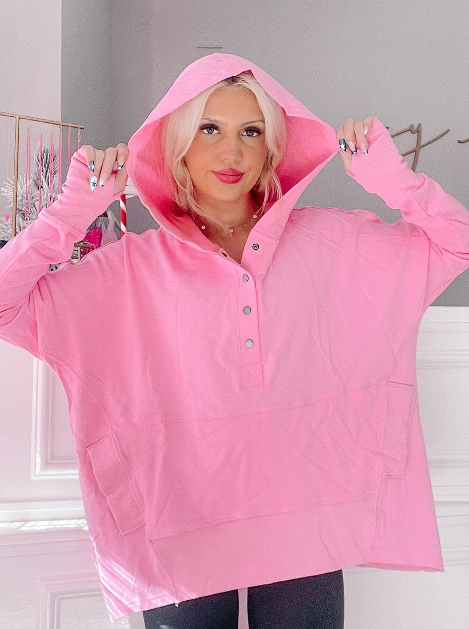 Bubblegum pink Lana Pullover, oversized hoodie with button placket and kangaroo pocket.
