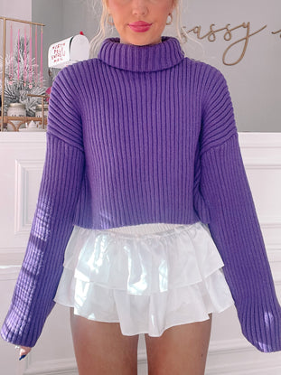 Purple ribbed knit Sydney cropped turtleneck sweater
